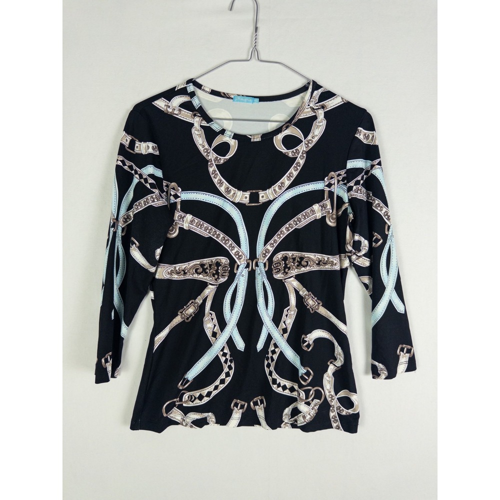 J McLaughlin Womens Top Black Equestrian Belt Print 3/4 Sleeve Stretch Knit XS